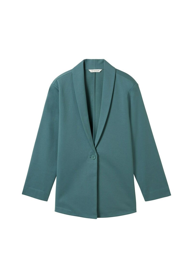 Tee groene blazer gemaakt van gladde stof, open voorkant met één knoop, lange mouwen en een getailleerde pasvorm. Minimalistisch ontwerp zonder patronen.