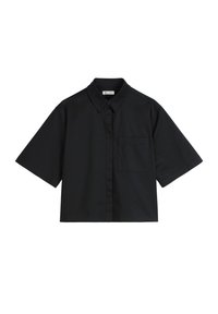 Camicetta nera a maniche corte in cotone, con colletto a punta, tasca frontale e vestibilità comoda. Tessuto liscio con un design semplice.