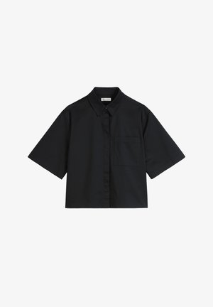 Korte mouwen zwarte shirt van katoen, met een button-down kraag, een borstzak en een ontspannen pasvorm. Glad textuur met een eenvoudige uitstraling.