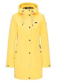 Gul regnjacka med huva, tryckknappar, två framsidor fickor och en liten svart paraplylogotyp. Tillverkad av vattentätt material.