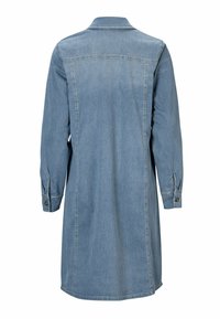 Denimskjortklänning, ljusblå, långa ärmar med knappmanschetter, krage, ryggsöm, rak passform, slät textur, knälång.