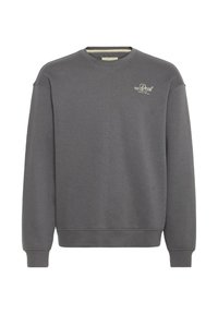 Grå hettegenser laget av en blanding av bomull med rund hals, lange ermer, ribbestrikkede mansjetter og midje, med en liten trykket logo på brystet.