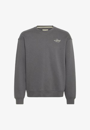 Szürke, pamutkeverék pulóver, kerek nyakkivágással, hosszú ujjakkal, bordás mandzsettával és derékpánttal, a mellkason egy kis nyomtatott logóval.