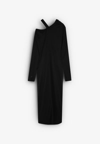 Robe noire à manches longues en tissu doux. Présente un design décolleté avec une seule bretelle et une silhouette droite.