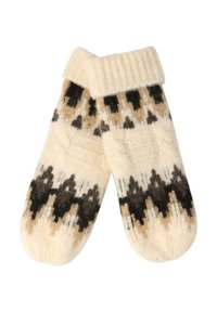 Cremefarvede vanter med omslået manchet, der har et geometrisk mønster i mørkebrun og beige, lavet af uld for varme og komfort.