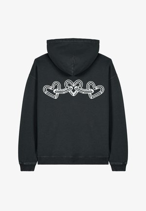 Felpa nera con un grande contorno bianco di cuori intrecciati sul retro. Presenta un cappuccio con cordino e polsini e orlo a coste.