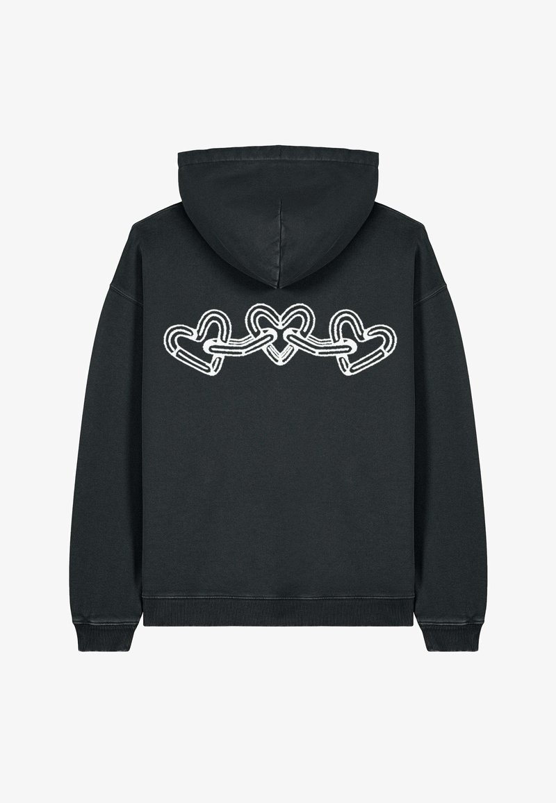 Felpa nera con un grande contorno bianco di cuori intrecciati sul retro. Presenta un cappuccio con cordino e polsini e orlo a coste.