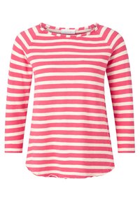 Chemise à manches longues rayée rose et blanche avec un col rond. Tissu doux avec une coupe décontractée et un ourlet légèrement incurvé en bas.