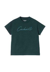 Camiseta de algodón verde oscuro con cuello redondo y mangas raglán cortas. Presenta un logo en cursiva de "Carhartt" en azul claro en la parte delantera.