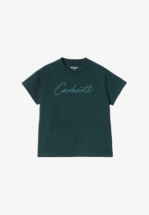 Camiseta de algodón verde oscuro con cuello redondo y mangas raglán cortas. Presenta un logo en cursiva de "Carhartt" en azul claro en la parte delantera.