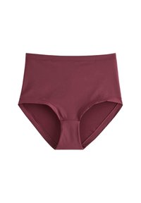 Burgundyfärgade högmidjade trosor med slät yta, elastisk midjeband och inga synliga mönster eller dekorationer. Klassisk skärning.