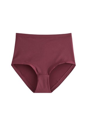 Burgundyfärgade högmidjade trosor med slät yta, elastisk midjeband och inga synliga mönster eller dekorationer. Klassisk skärning.