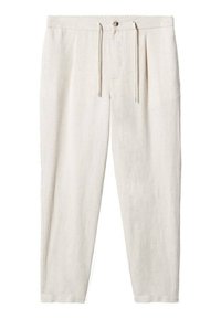 Pantalon en lin de couleur beige clair avec une coupe décontractée. Il est doté d'une taille à cordon, d'une fermeture boutonnée et de deux poches latérales. Texture lisse.
