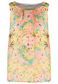 Haut sans manches à motifs floraux avec des couleurs vives de rose, jaune et vert ; en tissu léger ; détails de plis au niveau du col avant.