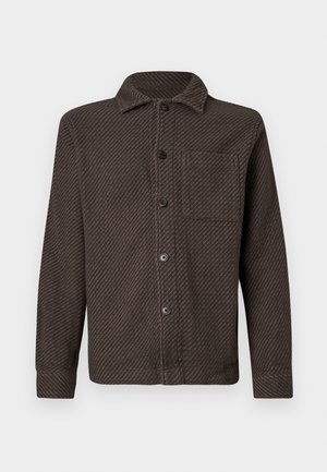 Brown button-up jacket with subtle diagonal pattern, chest pocket on the left, long sleeves, and a folded collar.
