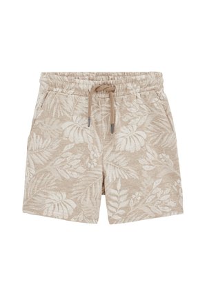 Beige shorts med elastisk talje og snøre, med lyst tropisk bladmønster og sidelommer.
