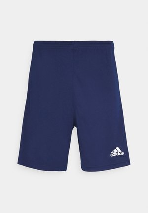 Pantalones cortos deportivos azul marino hechos de un tejido ligero, con cintura elástica, patas rectas y un logo de Adidas en blanco en la parte inferior izquierda.