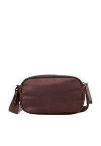 Petit sac bandoulière rectangulaire marron avec une sangle ajustable et une fermeture éclair latérale sur fond blanc.