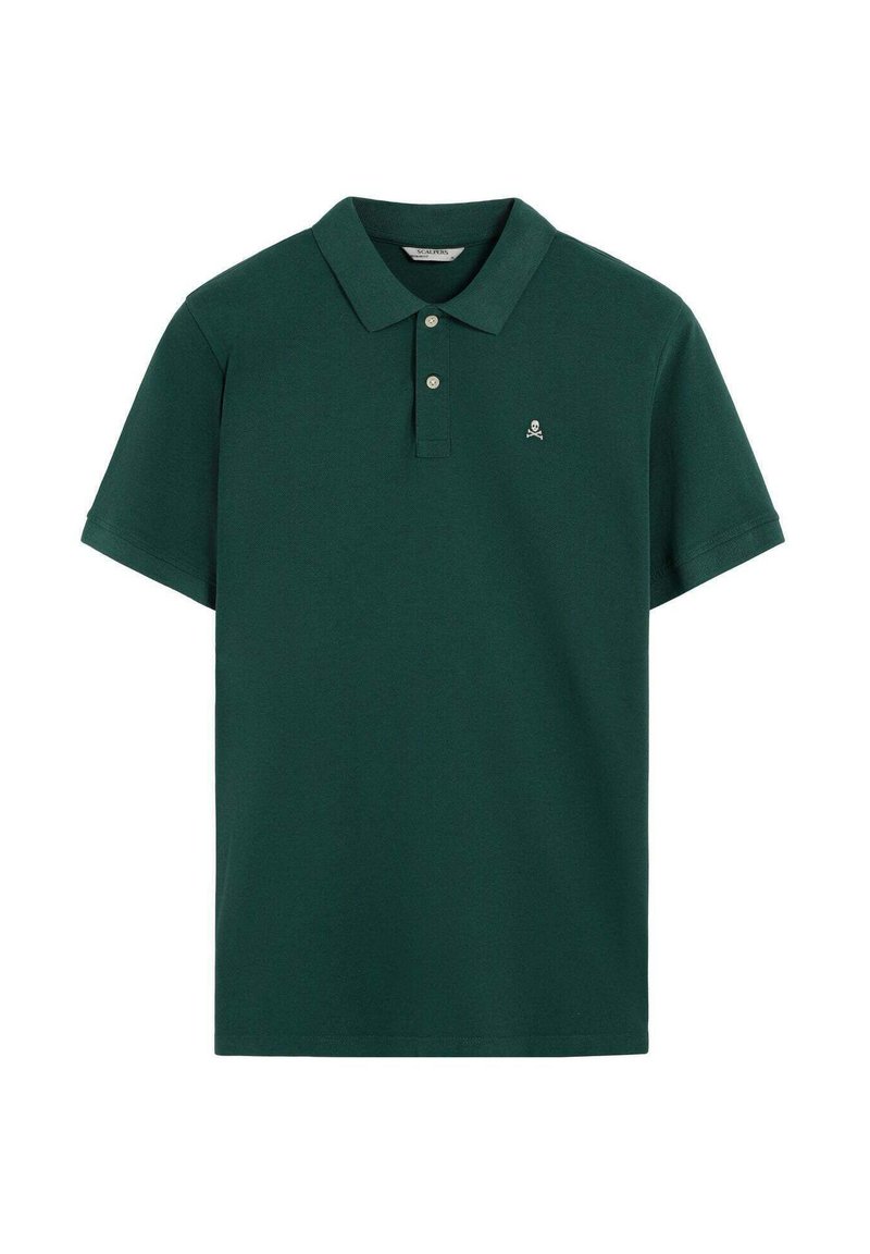 Polo verde de algodón. Manga corta, cierre de dos botones y pequeño logo de calavera en el lado izquierdo del pecho. Textura suave, ajuste clásico.