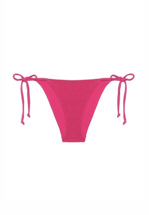 Růžové spodní díly bikiny s lesklým, texturovaným povrchem. Nastavitelné šňůrky na každé straně. Design má klasický střih bikiny s minimálním pokrytím.