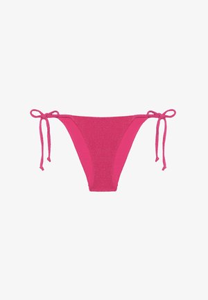 Chilot de bikini roz cu un finisaj strălucitor și texturat. Șnururi ajustabile pe fiecare parte. Designul prezintă o tăietură clasică de bikini, cu acoperire minimă.