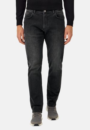 Sorte denim jeans med lige ben, der har fem lommer, diskret slidninger og en simpel knaplukning. Stylet med grå sneakers.