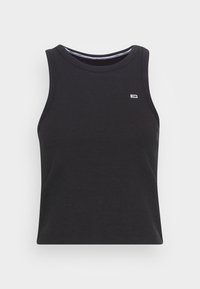 Svart ribbade linne med rund halsringning, ärmlös design och en liten vit logga på bröstet. Slät textur, avslappnad passform.