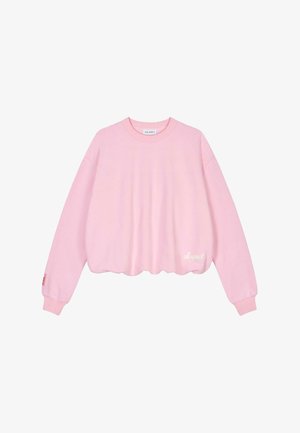 Roosa lühikeste varrukatega südamega sweatshirt, millel on pikad varrukad, soonikkoes kaelus ja ääred. Ees on peen valge logo tikand. Pehme tekstuur.