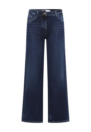 Jean large bleu foncé en denim, avec cinq poches, une braguette zippée avec un bouton et des détails de couture subtils.
