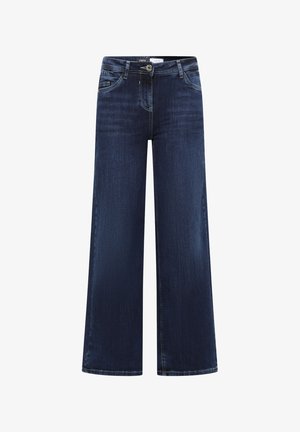 Dunkelblaue weit geschnittene Jeans aus Denim mit fünf Taschen, einem Reißverschluss und einem Knopfverschluss sowie dezenten Steppnähten.