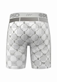 Boxer briefs with a white base, featuring a geometric pattern of squares and diagonal lines in gray with "PSD" and "12" logos. Soft elastic waistband.