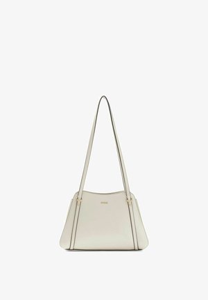 Petit sac à main en cuir beige avec de longues fines bandoulières et un logo doré subtil au centre devant.
