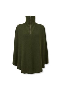 Poncho lavorato a maglia verde scuro con collo alto e chiusura a zip al collo, caratterizzato da una vestibilità morbida e una texture liscia.