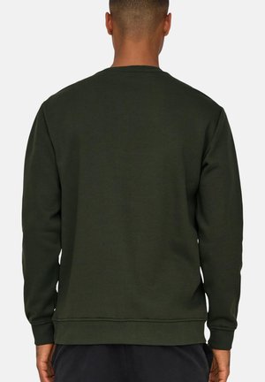 Mand iført en mørkegrøn langærmet sweatshirt, set bagfra, med ribstrikkede manchetter og taljebånd, stående mod en ensfarvet baggrund.