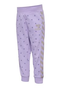 Pantalons de survêtement lilas avec de petites accents imprimés bleus, taille élastique et bande en zigzag dorée sur le c�ôté. Logo Hummel brodé.