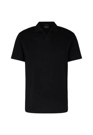 Schwarzes kurzärmliges Polohemd mit klassischem Kragen und V-Ausschnitt, aus strukturiertem Stoff.