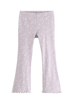 Lilafarvede børneflarebukser med hvidt, lille blomsterprint og en subtil ribbet struktur, med en salathæmme i bunden.