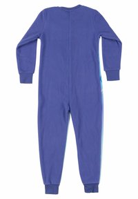 Tuta in pile viola con maniche lunghe, polsini a coste e una texture liscia. Presenta un retro uniforme e un accento blu a contrasto sul lato.