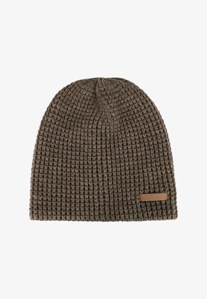 Brown knitted beanie with a waffle texture and a small rectangular leather patch labeled "normani" on the lower edge.