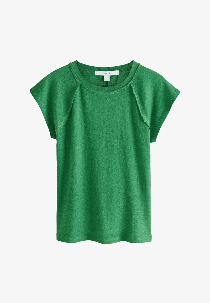 Zelený krátky pletený top s okrúhlym výstrihom a raglánovými švami na rukávoch, s popisom "NEXT" na vnútornej strane goliera.