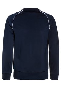 Navy blue athletic sweatshirt with long sleeves, ribbed cuffs, and a high collar. Features contrasting white piping along the shoulders.