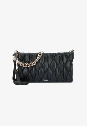 Black leather clutch bag with quilted design, gold-tone chain strap, and detachable shoulder strap. Metallic logo detail on front.