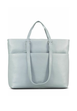 Borsa a mano in pelle martellata grigio chiaro con doppi manici e tasca frontale, in piedi su sfondo bianco.