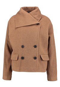 Brun ullblandad dubbelknäppt jacka med bred krage, svarta knappar och två framfickor. Har en kortad design och texturerad tyg.