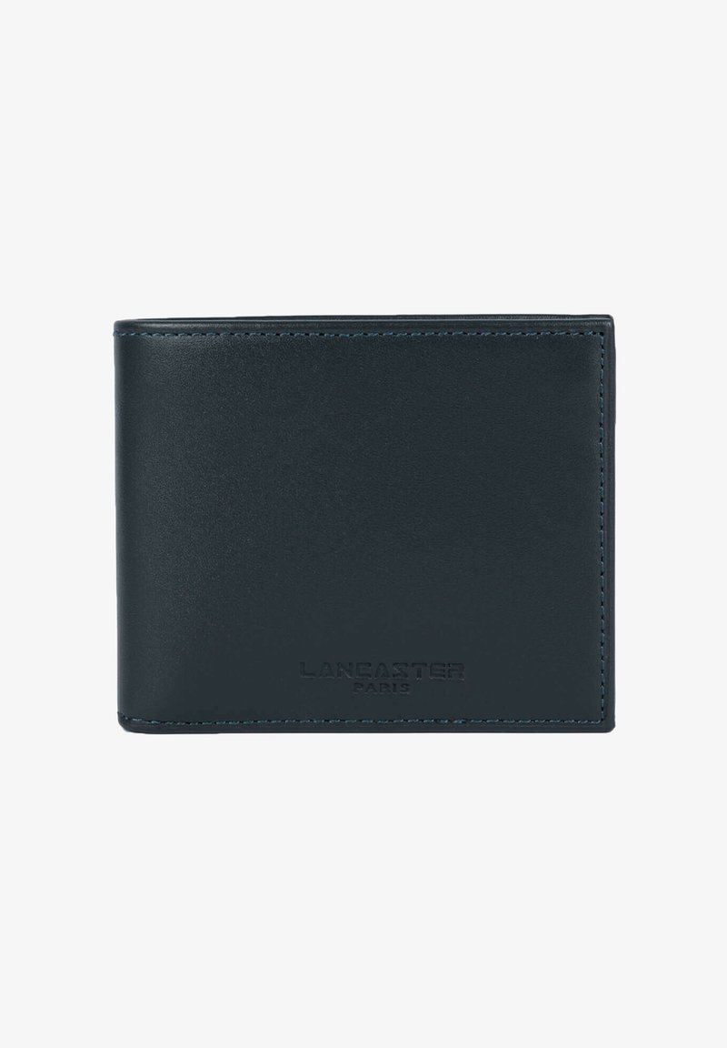 Portefeuille pliable noir en cuir avec le logo embossé "LANCASTER PARIS" centré sur le devant.