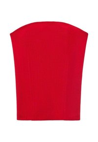Röd axelbandslös korsetttopp tillverkad av ribbat material. Har en strukturerad form med raka kanter. Slät textur, inga synliga mönster.