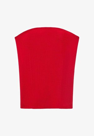 Red strapless corset top made of ribbed material. Features a structured shape with straight edges. Smooth texture, no visible patterns.
