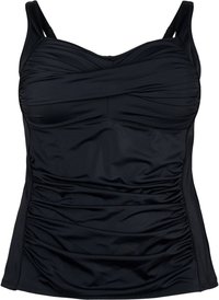 Čierny tankini top vyrobený z hladkej, elastickej látky. Obsahuje riasený detail, nastaviteľné ramienka a láskyplný výstrih pre podporu.