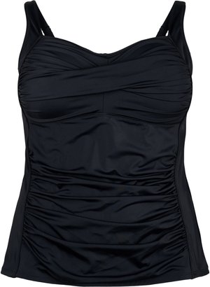 Svart tankini-top i mjuk, stretchig tyg. Har samlad detaljering, justerbara axelremmar och en hjärtformad halsringning för stöd.
