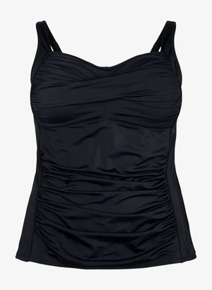 Svart tankini-top i mjuk, stretchig tyg. Har samlad detaljering, justerbara axelremmar och en hjärtformad halsringning för stöd.